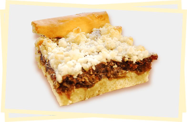 A piece of pie with a crust and topping.